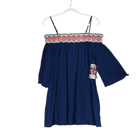 NEW Trixxi Blue Dress Womens Medium Sheer Off Shoulder Stretch Top Hem Spaghetti - Picture 1 of 8